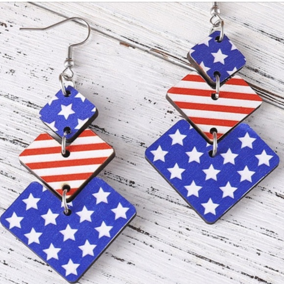 Patriotic Dark Blue Geometric Wooden Stars and Stripes Earrings OS - Picture 1 of 2